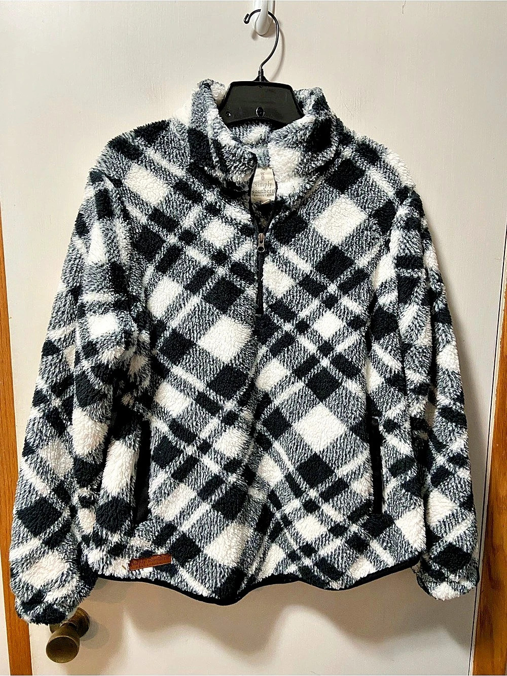 Simply Southern Black White Plaid Quarter Zip Sherpa Pullover Sweatshirt
